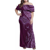 Hawaiian Manta Ray and Polynesian Tribal Tattoo Family Matching Off Shoulder Maxi Dress and Hawaiian Shirt Pink Color LT03 Mom's Dress Pink - Polynesian Pride