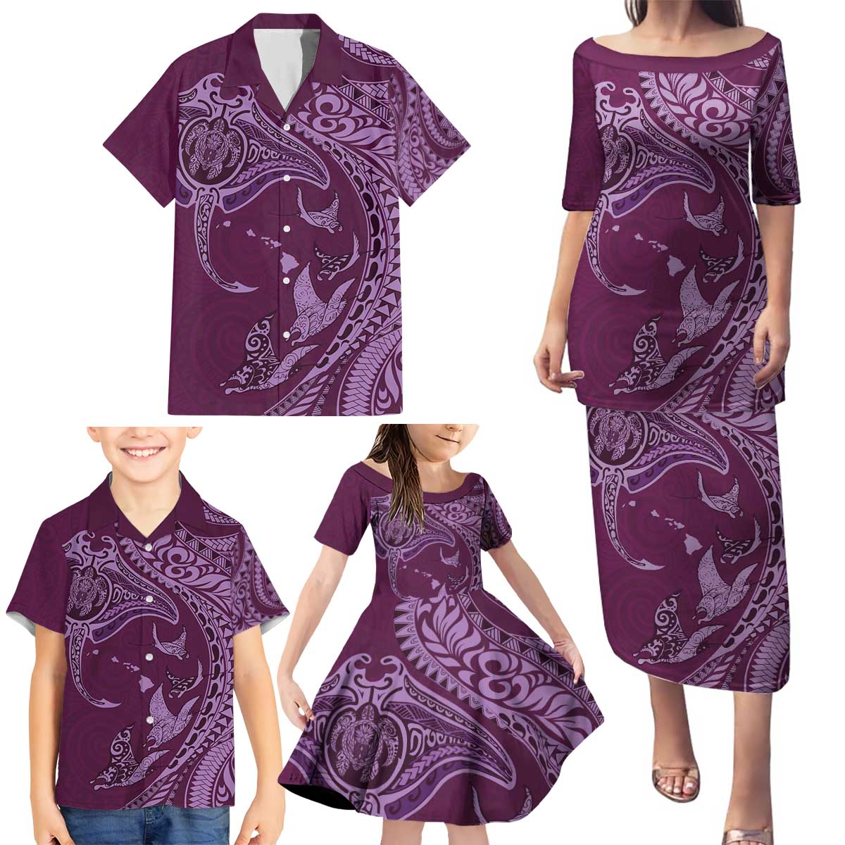 Hawaiian Manta Ray and Polynesian Tribal Tattoo Family Matching Puletasi and Hawaiian Shirt Pink Color LT03 - Polynesian Pride
