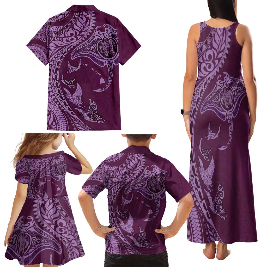 Hawaiian Manta Ray and Polynesian Tribal Tattoo Family Matching Tank Maxi Dress and Hawaiian Shirt Pink Color LT03