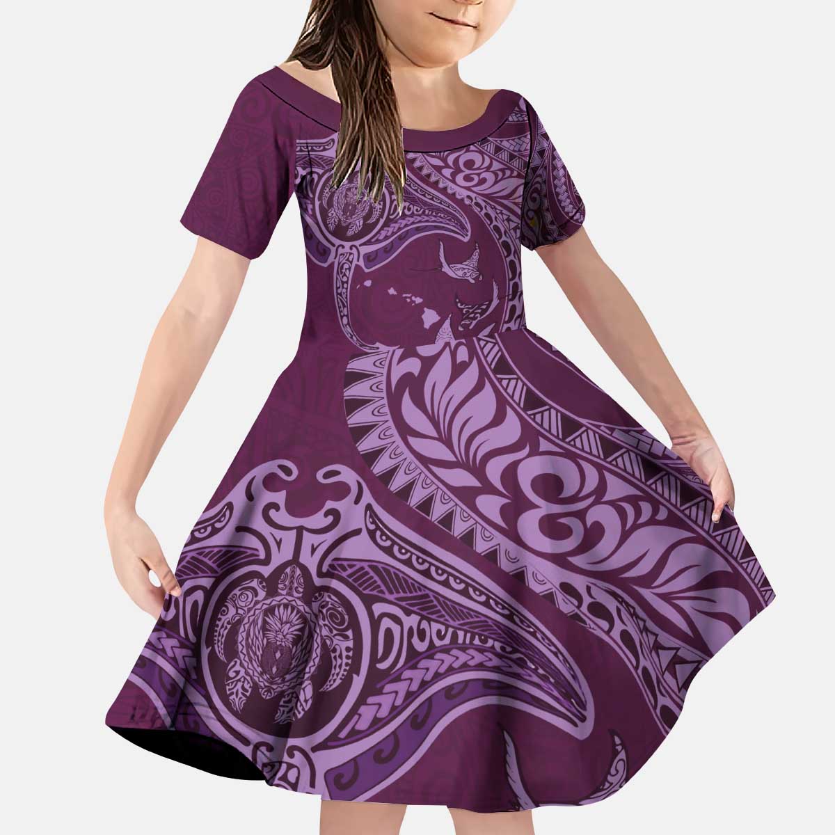 Hawaiian Manta Ray and Polynesian Tribal Tattoo Kid Short Sleeve Dress Pink Color LT03 KID Pink - Polynesian Pride