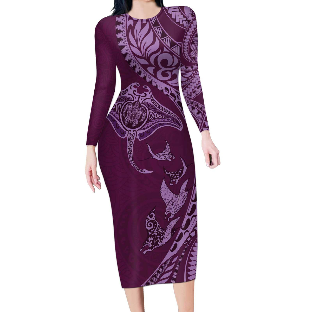 Hawaiian Manta Ray and Polynesian Tribal Tattoo Long Sleeve Bodycon Dress Pink Color LT03 Long Dress Pink - Polynesian Pride