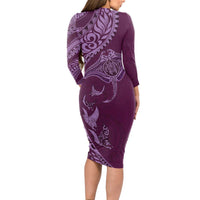 Hawaiian Manta Ray and Polynesian Tribal Tattoo Long Sleeve Bodycon Dress Pink Color LT03 - Polynesian Pride