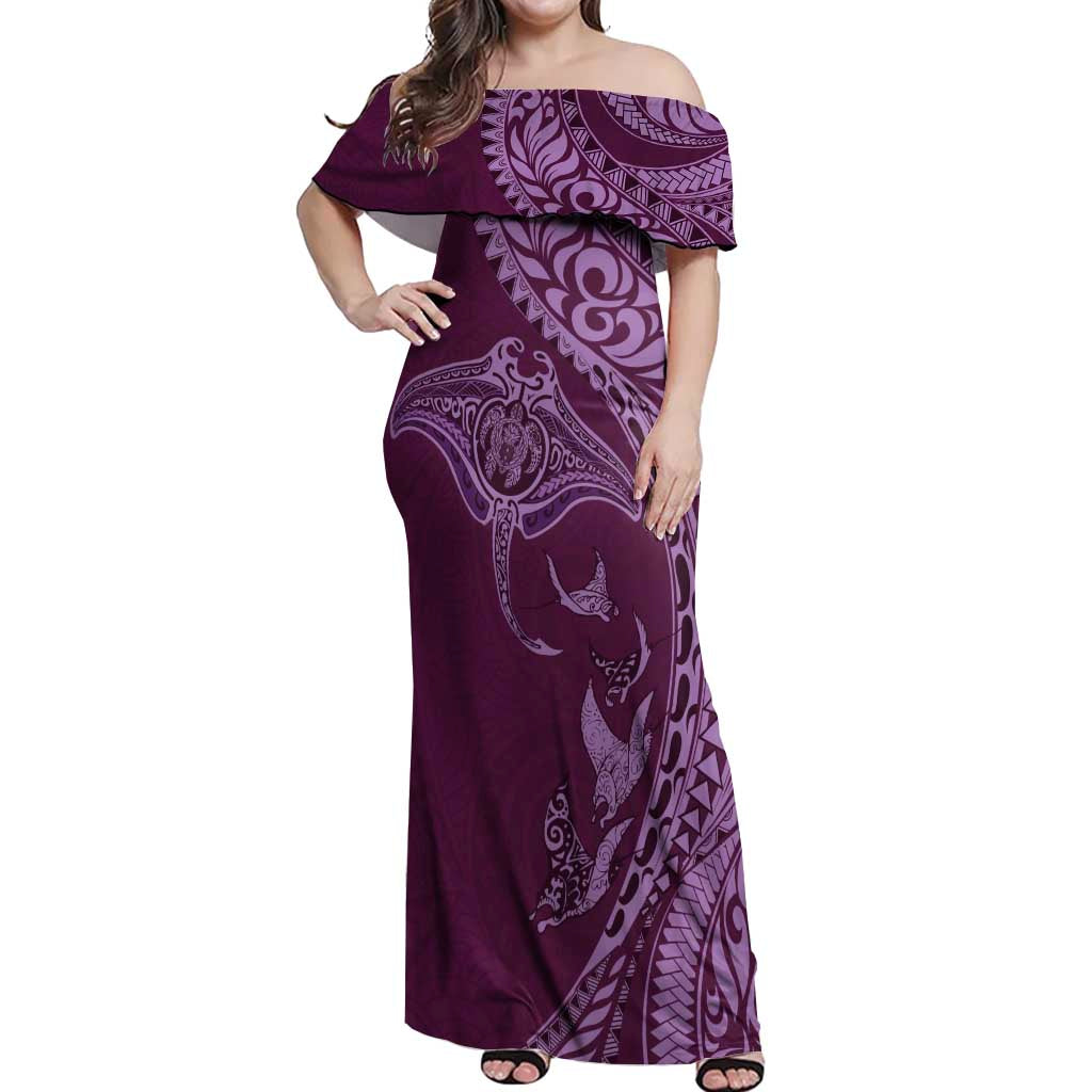 Hawaiian Manta Ray and Polynesian Tribal Tattoo Off Shoulder Maxi Dress Pink Color LT03 Women Pink - Polynesian Pride