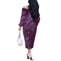 Hawaiian Manta Ray and Polynesian Tribal Tattoo Off The Shoulder Long Sleeve Dress Pink Color LT03 - Polynesian Pride