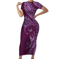 Hawaiian Manta Ray and Polynesian Tribal Tattoo Short Sleeve Bodycon Dress Pink Color LT03 Long Dress Pink - Polynesian Pride