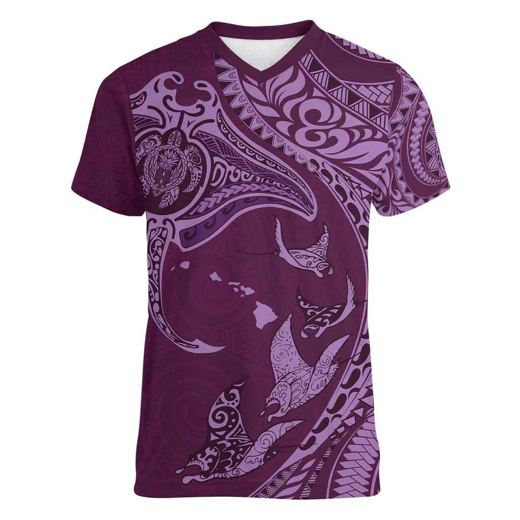Hawaiian Manta Ray and Polynesian Tribal Tattoo Women V-Neck T-Shirt Pink Color LT03 Female Pink - Polynesian Pride
