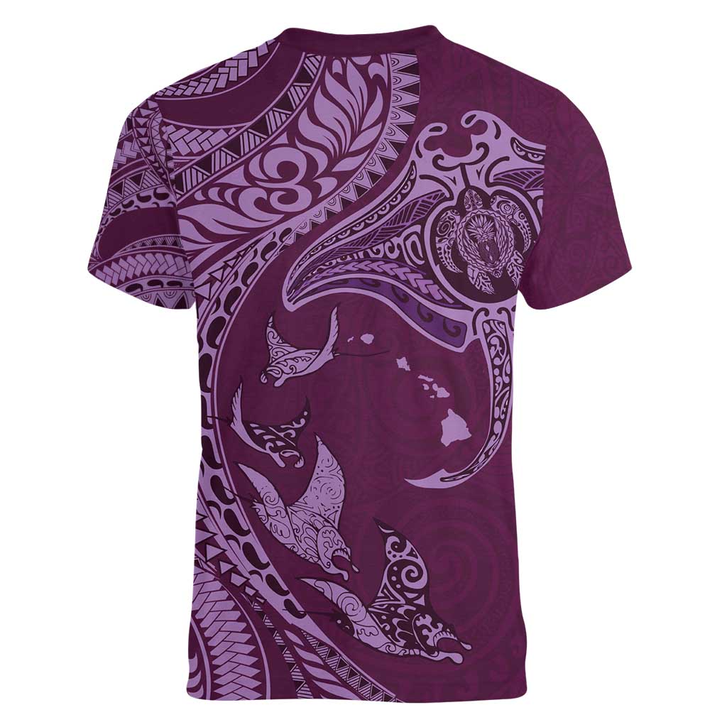 Hawaiian Manta Ray and Polynesian Tribal Tattoo Women V-Neck T-Shirt Pink Color LT03 - Polynesian Pride
