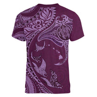 Hawaiian Manta Ray and Polynesian Tribal Tattoo Women V-Neck T-Shirt Pink Color LT03 - Polynesian Pride