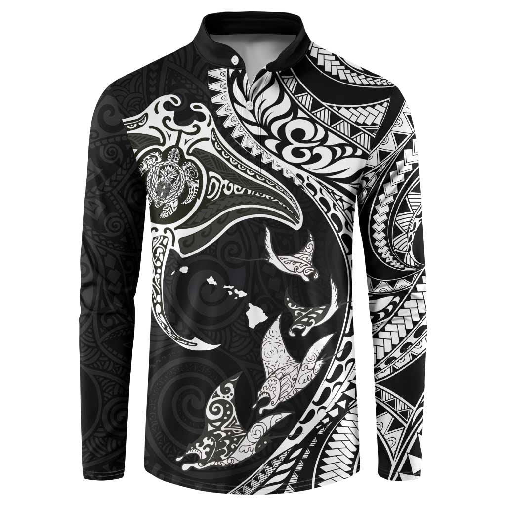 Hawaiian Manta Ray and Polynesian Tribal Tattoo Button Sweatshirt Black Color LT03