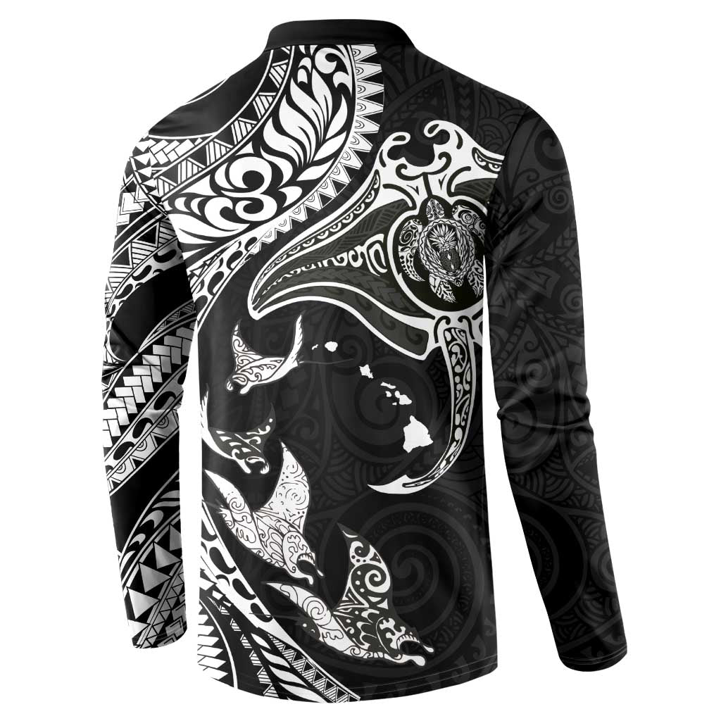 Hawaiian Manta Ray and Polynesian Tribal Tattoo Button Sweatshirt Black Color LT03
