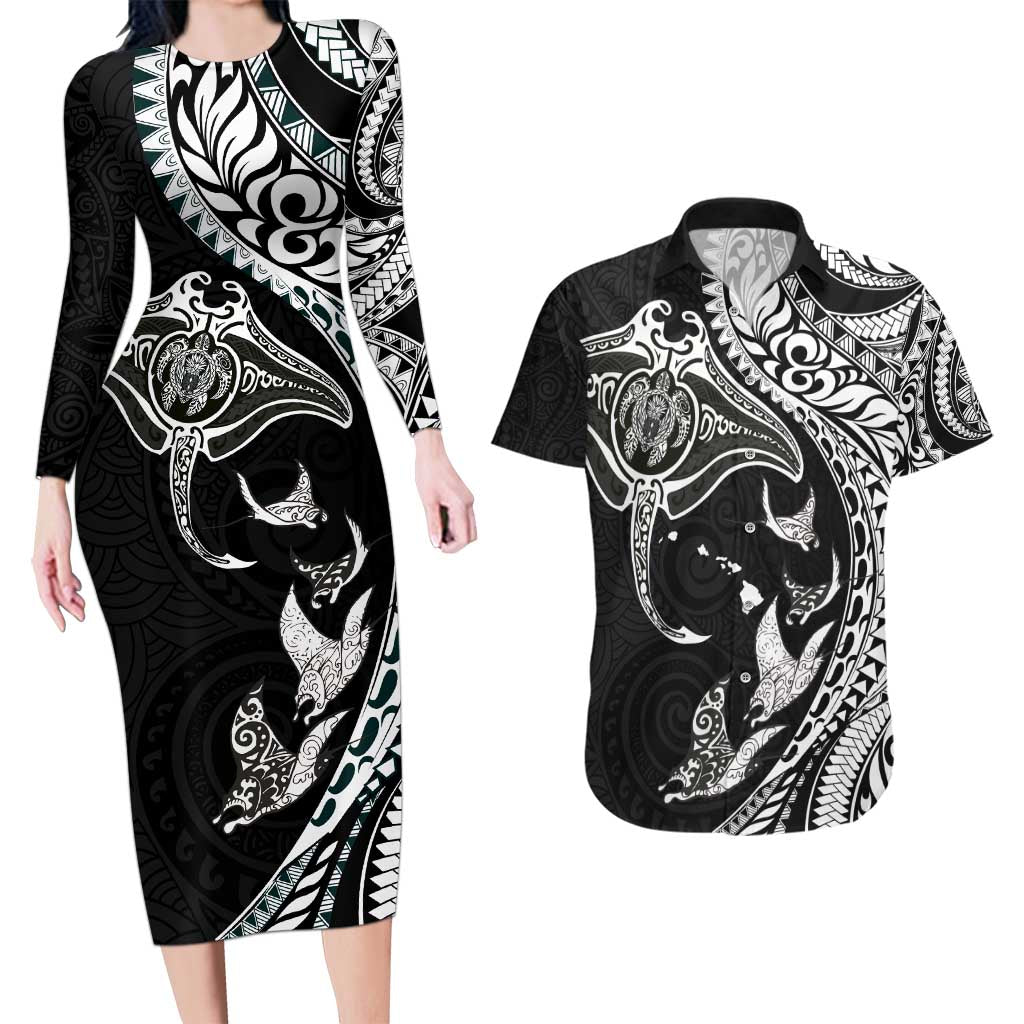 Hawaiian Manta Ray and Polynesian Tribal Tattoo Couples Matching Long Sleeve Bodycon Dress and Hawaiian Shirt Black Color LT03 Black - Polynesian Pride