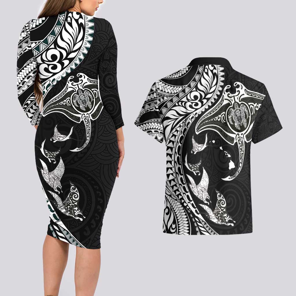 Hawaiian Manta Ray and Polynesian Tribal Tattoo Couples Matching Long Sleeve Bodycon Dress and Hawaiian Shirt Black Color LT03 - Polynesian Pride