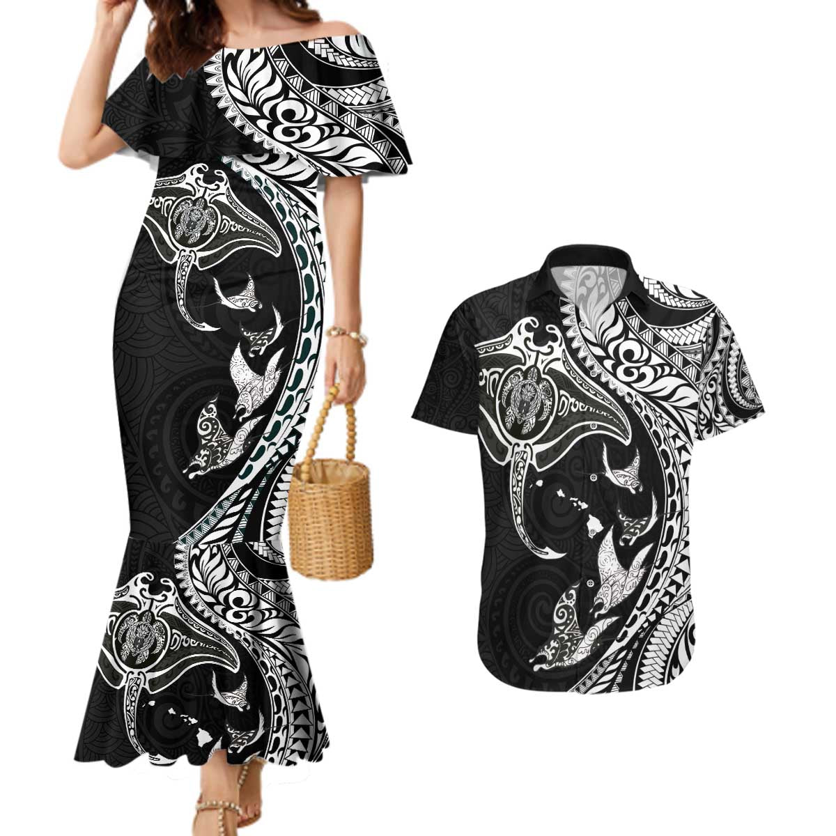 Hawaiian Manta Ray and Polynesian Tribal Tattoo Couples Matching Mermaid Dress and Hawaiian Shirt Black Color LT03 Black - Polynesian Pride