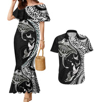 Hawaiian Manta Ray and Polynesian Tribal Tattoo Couples Matching Mermaid Dress and Hawaiian Shirt Black Color LT03 Black - Polynesian Pride