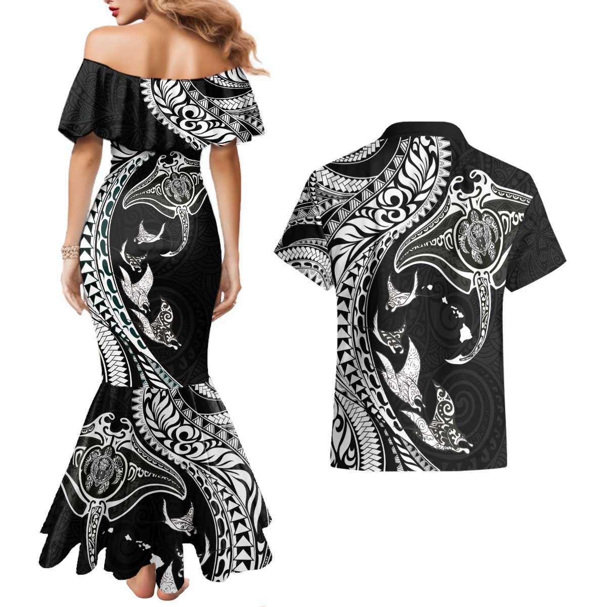 Hawaiian Manta Ray and Polynesian Tribal Tattoo Couples Matching Mermaid Dress and Hawaiian Shirt Black Color LT03 - Polynesian Pride