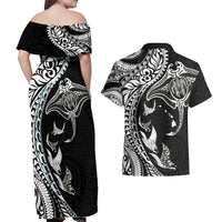 Hawaiian Manta Ray and Polynesian Tribal Tattoo Couples Matching Off Shoulder Maxi Dress and Hawaiian Shirt Black Color LT03 - Polynesian Pride