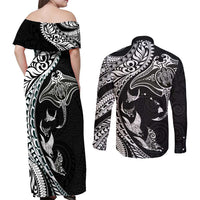 Hawaiian Manta Ray and Polynesian Tribal Tattoo Couples Matching Off Shoulder Maxi Dress and Long Sleeve Button Shirt Black Color LT03