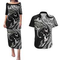 Hawaiian Manta Ray and Polynesian Tribal Tattoo Couples Matching Puletasi and Hawaiian Shirt Black Color LT03 Black - Polynesian Pride