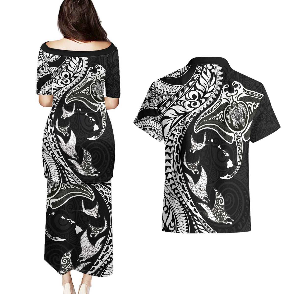 Hawaiian Manta Ray and Polynesian Tribal Tattoo Couples Matching Puletasi and Hawaiian Shirt Black Color LT03 - Polynesian Pride