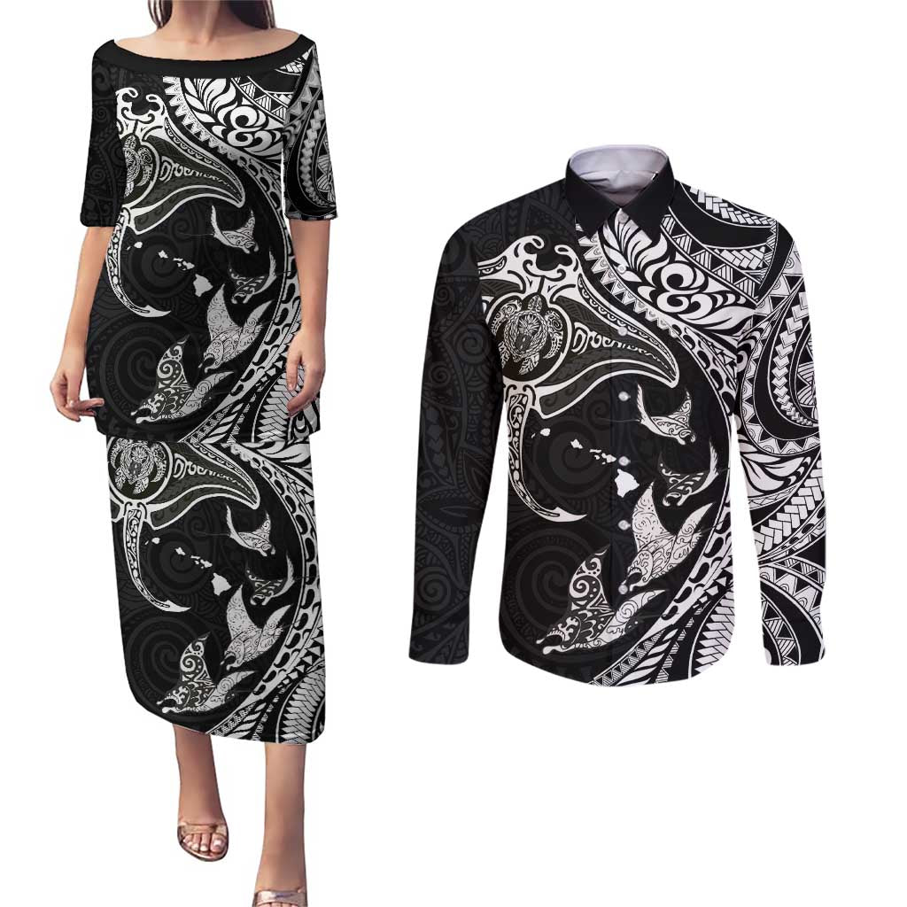 Hawaiian Manta Ray and Polynesian Tribal Tattoo Couples Matching Puletasi and Long Sleeve Button Shirt Black Color LT03 Black - Polynesian Pride