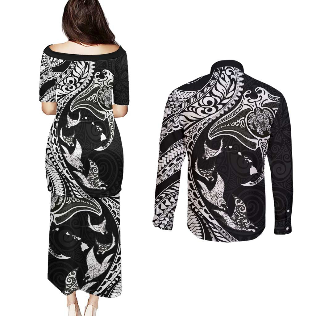 Hawaiian Manta Ray and Polynesian Tribal Tattoo Couples Matching Puletasi and Long Sleeve Button Shirt Black Color LT03 - Polynesian Pride