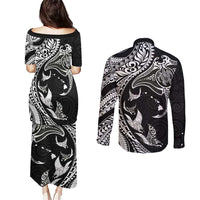 Hawaiian Manta Ray and Polynesian Tribal Tattoo Couples Matching Puletasi and Long Sleeve Button Shirt Black Color LT03 - Polynesian Pride