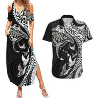 Hawaiian Manta Ray and Polynesian Tribal Tattoo Couples Matching Summer Maxi Dress and Hawaiian Shirt Black Color LT03