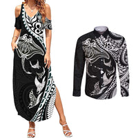 Hawaiian Manta Ray and Polynesian Tribal Tattoo Couples Matching Summer Maxi Dress and Long Sleeve Button Shirt Black Color LT03