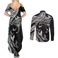 Hawaiian Manta Ray and Polynesian Tribal Tattoo Couples Matching Summer Maxi Dress and Long Sleeve Button Shirt Black Color LT03