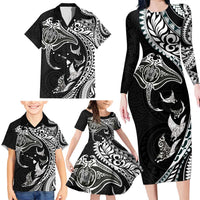 Hawaiian Manta Ray and Polynesian Tribal Tattoo Family Matching Long Sleeve Bodycon Dress and Hawaiian Shirt Black Color LT03