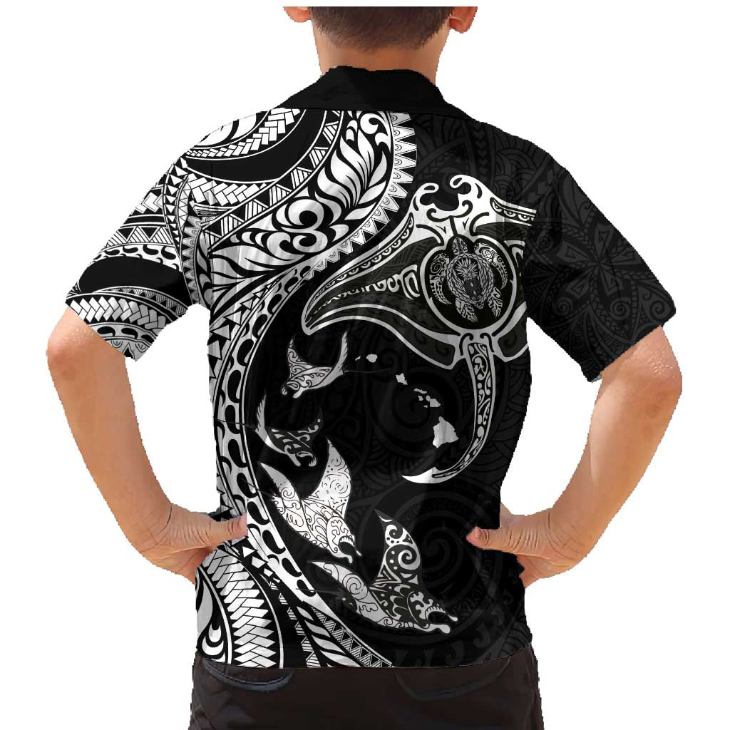 Hawaiian Manta Ray and Polynesian Tribal Tattoo Family Matching Mermaid Dress and Hawaiian Shirt Black Color LT03 - Polynesian Pride