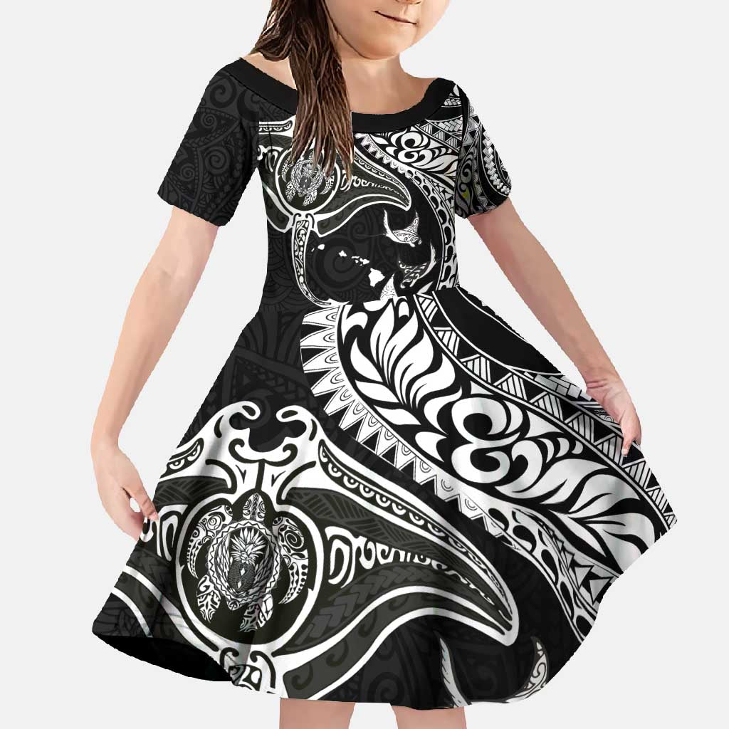 Hawaiian Manta Ray and Polynesian Tribal Tattoo Family Matching Mermaid Dress and Hawaiian Shirt Black Color LT03 Daughter's Dress Black - Polynesian Pride
