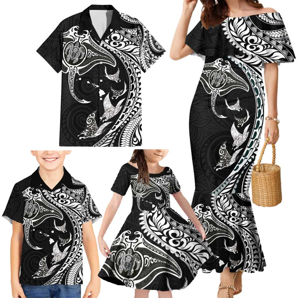 Hawaiian Manta Ray and Polynesian Tribal Tattoo Family Matching Mermaid Dress and Hawaiian Shirt Black Color LT03 - Polynesian Pride