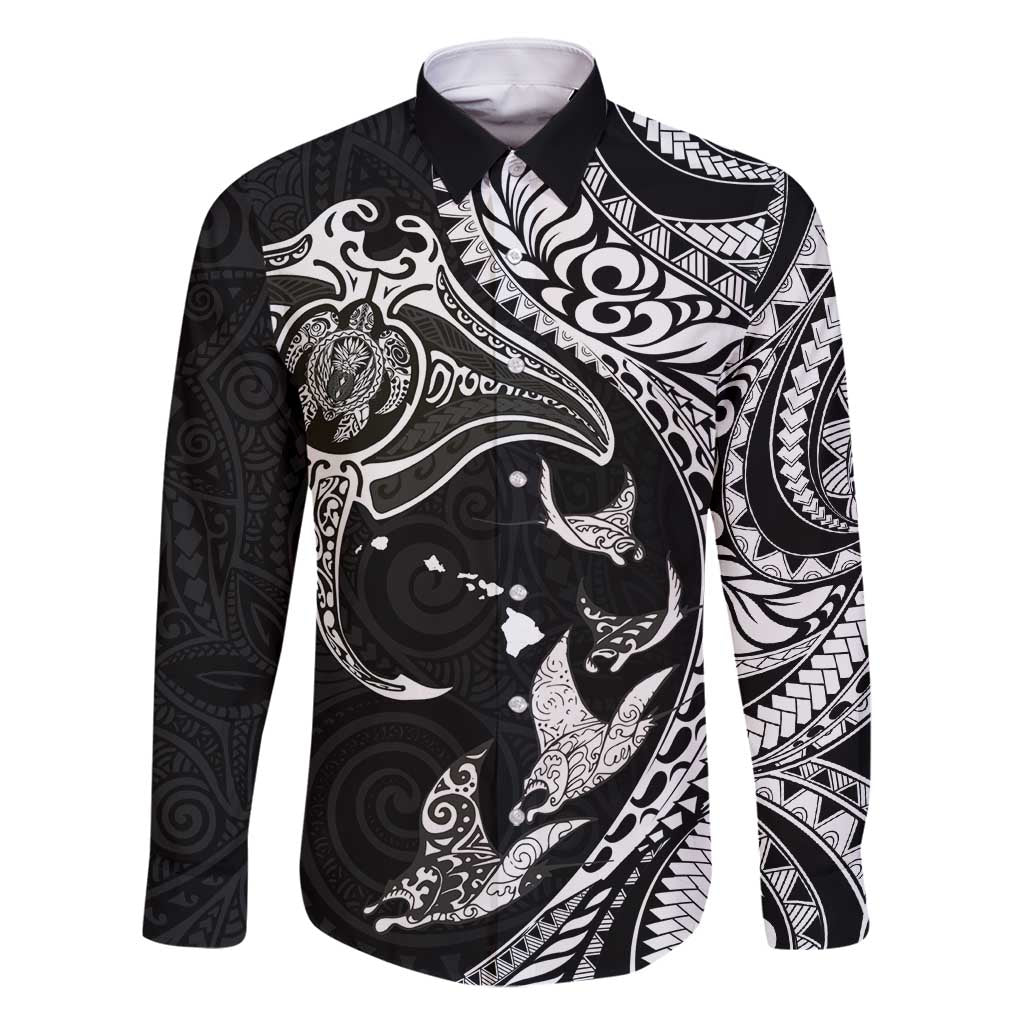 Hawaiian Manta Ray and Polynesian Tribal Tattoo Family Matching Mermaid Dress and Hawaiian Shirt Black Color LT03 Dad's Shirt - Long Sleeve Black - Polynesian Pride