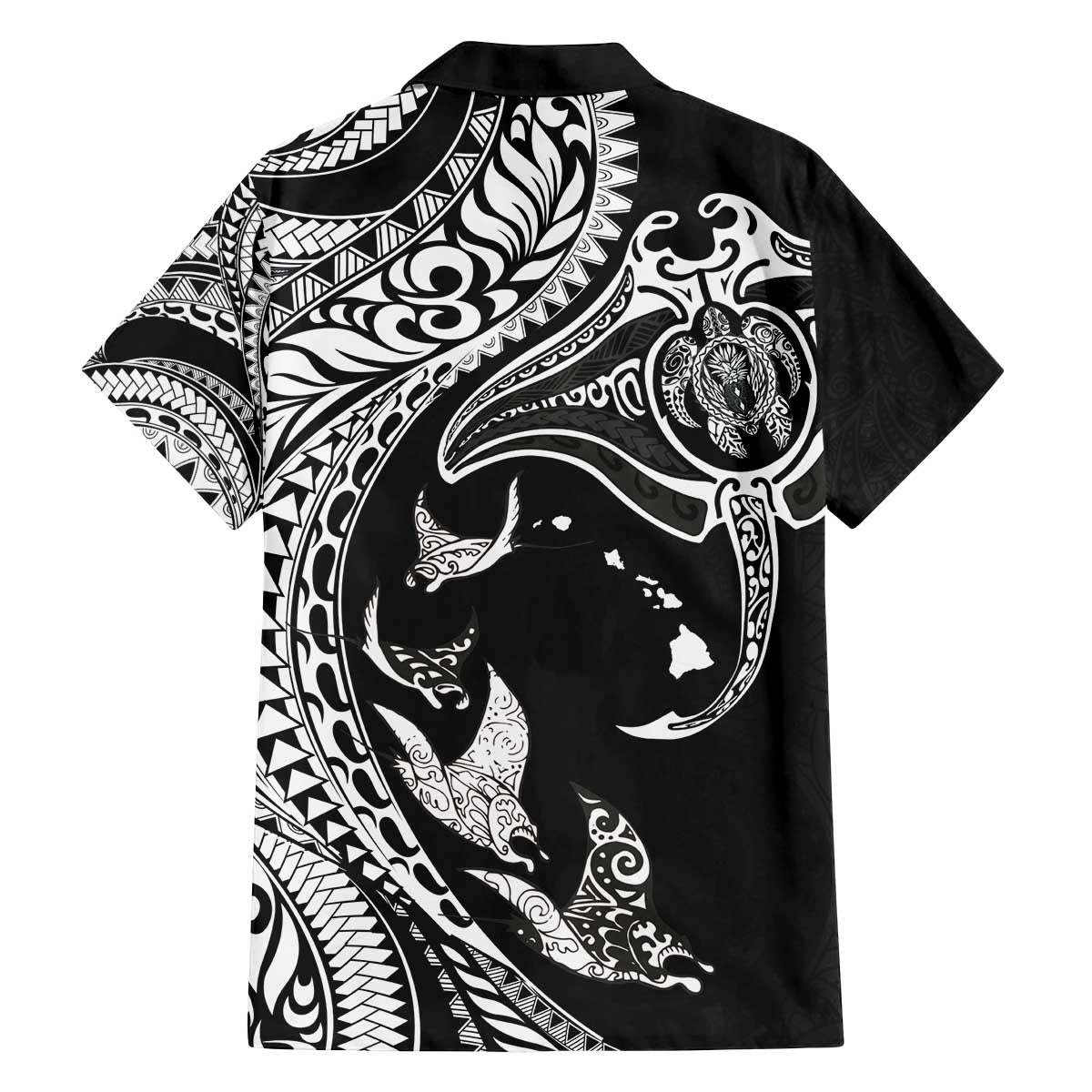 Hawaiian Manta Ray and Polynesian Tribal Tattoo Family Matching Off The Shoulder Long Sleeve Dress and Hawaiian Shirt Black Color LT03