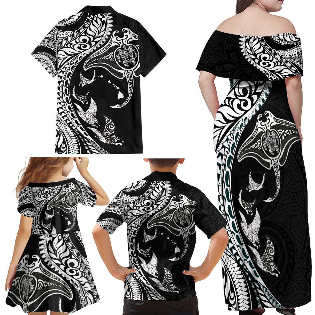 Hawaiian Manta Ray and Polynesian Tribal Tattoo Family Matching Off Shoulder Maxi Dress and Hawaiian Shirt Black Color LT03 - Polynesian Pride