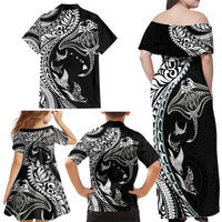 Hawaiian Manta Ray and Polynesian Tribal Tattoo Family Matching Off Shoulder Maxi Dress and Hawaiian Shirt Black Color LT03 - Polynesian Pride
