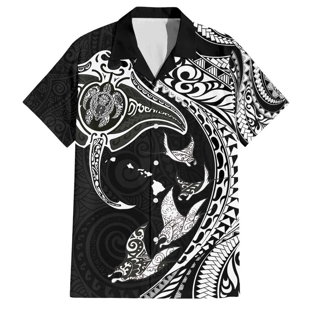 Hawaiian Manta Ray and Polynesian Tribal Tattoo Family Matching Off Shoulder Maxi Dress and Hawaiian Shirt Black Color LT03 Dad's Shirt - Short Sleeve Black - Polynesian Pride
