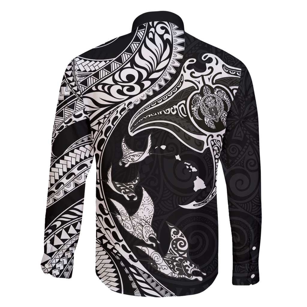 Hawaiian Manta Ray and Polynesian Tribal Tattoo Family Matching Off Shoulder Maxi Dress and Hawaiian Shirt Black Color LT03 - Polynesian Pride