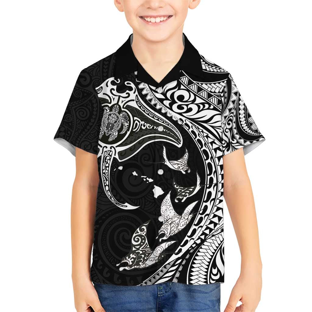 Hawaiian Manta Ray and Polynesian Tribal Tattoo Family Matching Off Shoulder Maxi Dress and Hawaiian Shirt Black Color LT03 Son's Shirt Black - Polynesian Pride