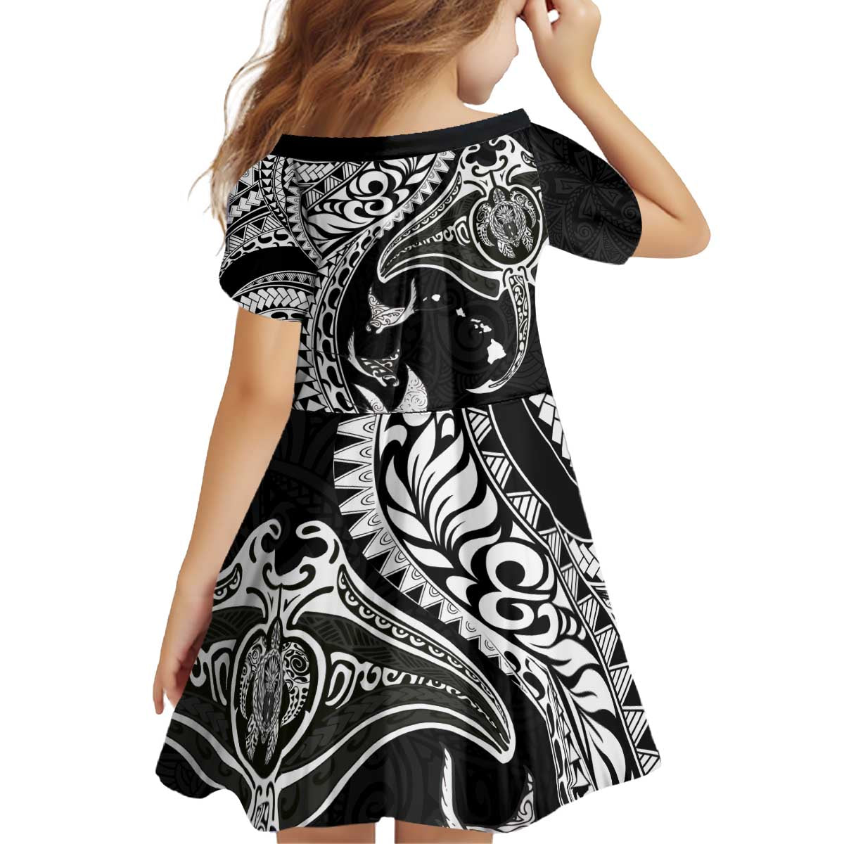 Hawaiian Manta Ray and Polynesian Tribal Tattoo Family Matching Off Shoulder Short Dress and Hawaiian Shirt Black Color LT03