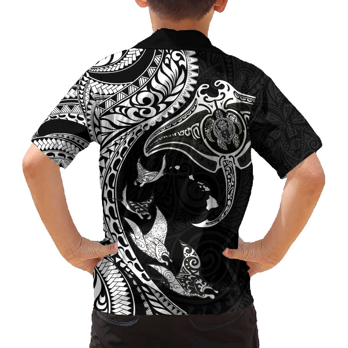 Hawaiian Manta Ray and Polynesian Tribal Tattoo Family Matching Puletasi and Hawaiian Shirt Black Color LT03 - Polynesian Pride