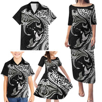 Hawaiian Manta Ray and Polynesian Tribal Tattoo Family Matching Puletasi and Hawaiian Shirt Black Color LT03 - Polynesian Pride