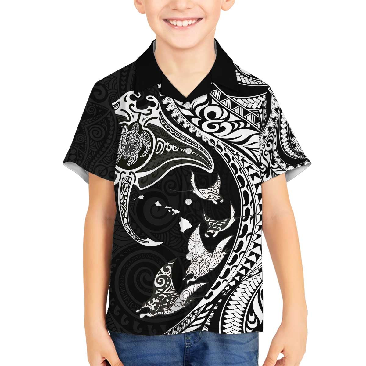 Hawaiian Manta Ray and Polynesian Tribal Tattoo Family Matching Puletasi and Hawaiian Shirt Black Color LT03 Son's Shirt Black - Polynesian Pride