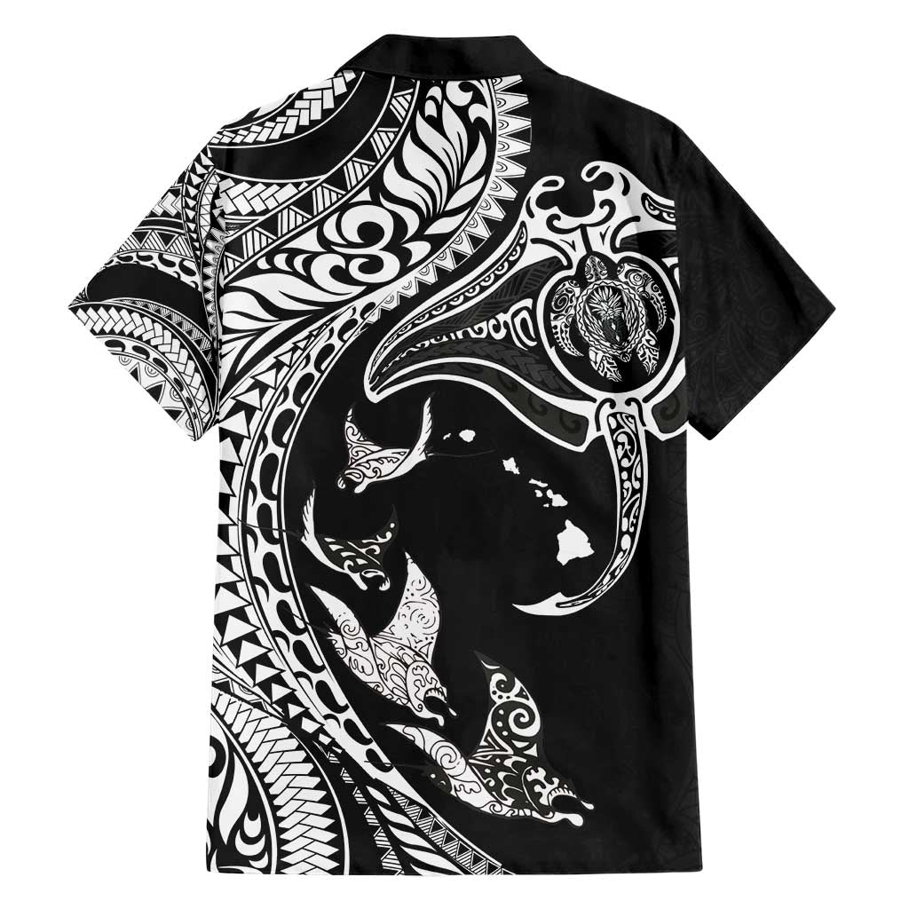 Hawaiian Manta Ray and Polynesian Tribal Tattoo Family Matching Short Sleeve Bodycon Dress and Hawaiian Shirt Black Color LT03
