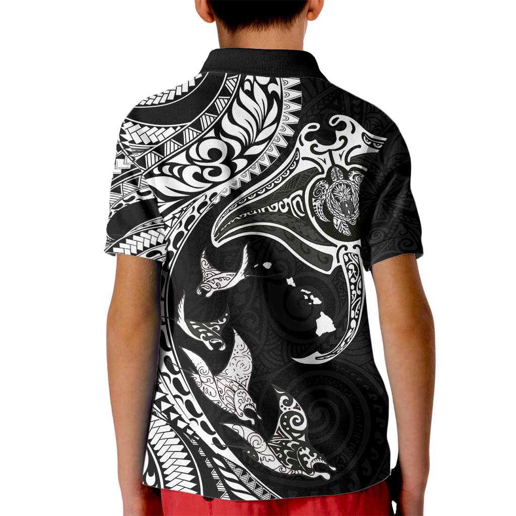 Hawaiian Manta Ray and Polynesian Tribal Tattoo Kid Polo Shirt Black Color LT03 - Polynesian Pride