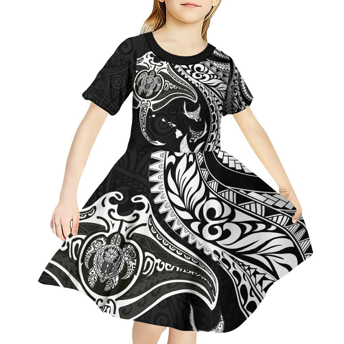 Hawaiian Manta Ray and Polynesian Tribal Tattoo Kid Short Sleeve Dress Black Color LT03 - Polynesian Pride