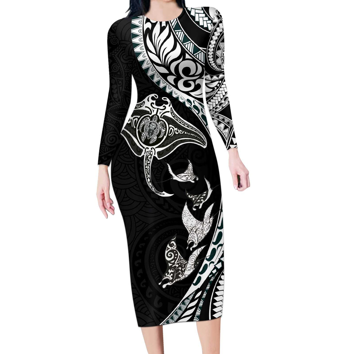 Hawaiian Manta Ray and Polynesian Tribal Tattoo Long Sleeve Bodycon Dress Black Color LT03 Long Dress Black - Polynesian Pride