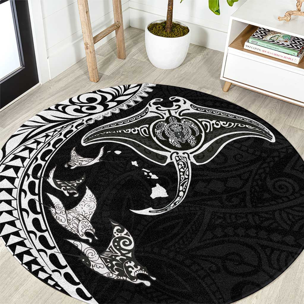 Hawaiian Manta Ray and Polynesian Tribal Tattoo Round Carpet Black Color LT03 Black - Polynesian Pride