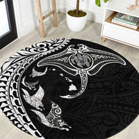 Hawaiian Manta Ray and Polynesian Tribal Tattoo Round Carpet Black Color LT03 Black - Polynesian Pride